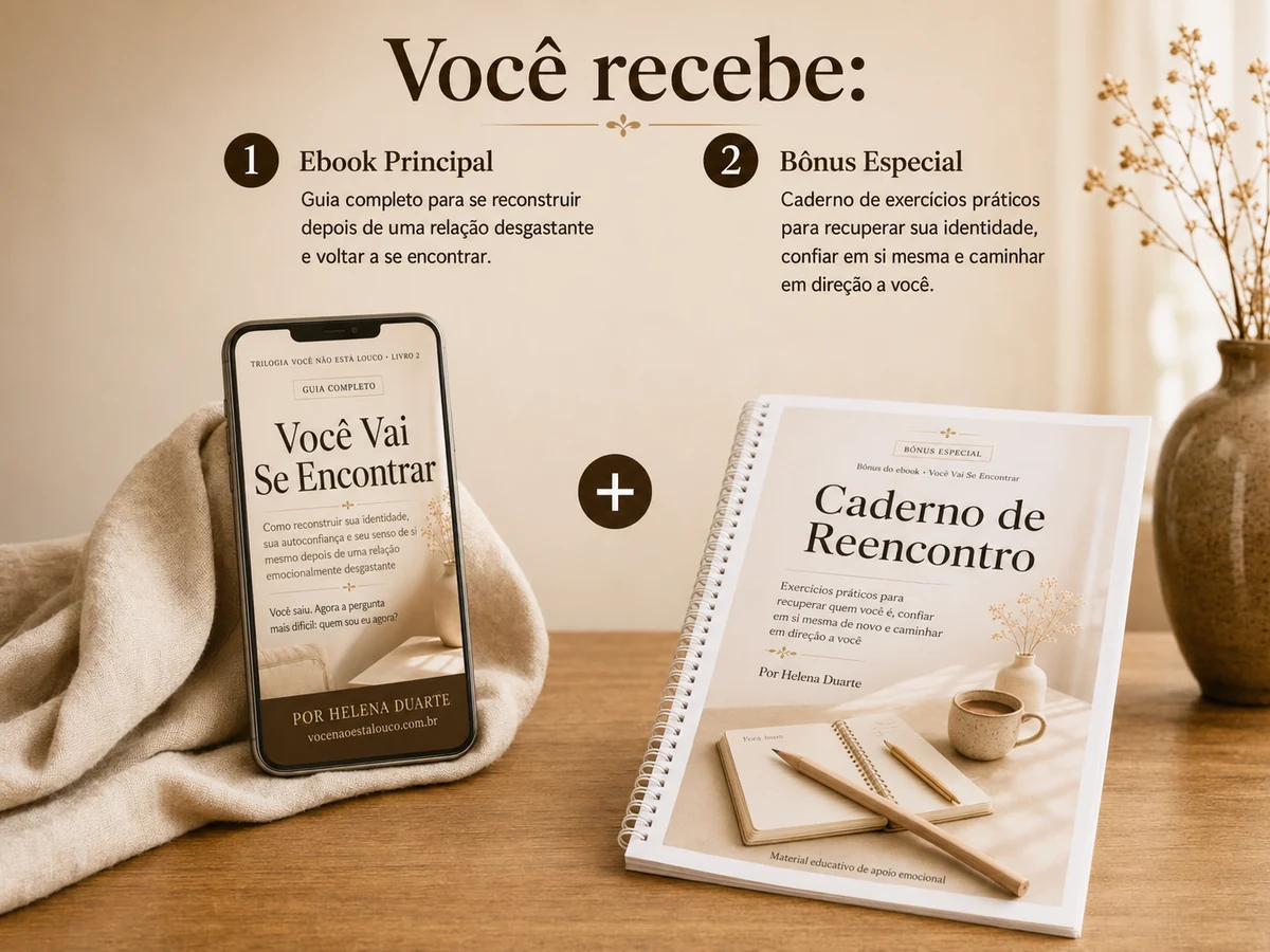 Guia Você Vai Se Encontrar em PDF aberto no celular, ao lado do Caderno de Reencontro impresso em espiral