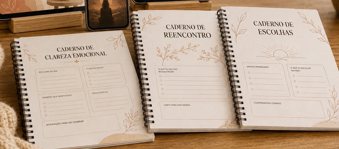 Páginas internas dos três cadernos de exercícios, com campos para escrever sobre reflexão do dia, padrões identificados e compromissos consigo mesma
