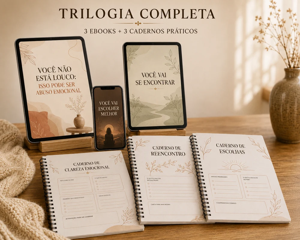 Trilogia completa: os 3 guias em PDF abertos em tablet e celular, com os 3 cadernos de exercícios impressos em espiral